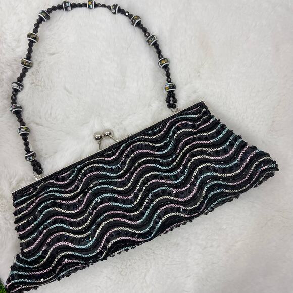 Black & Silver Beaded Evening Bag Sequin Beads Clutch - Picture 3 of 6